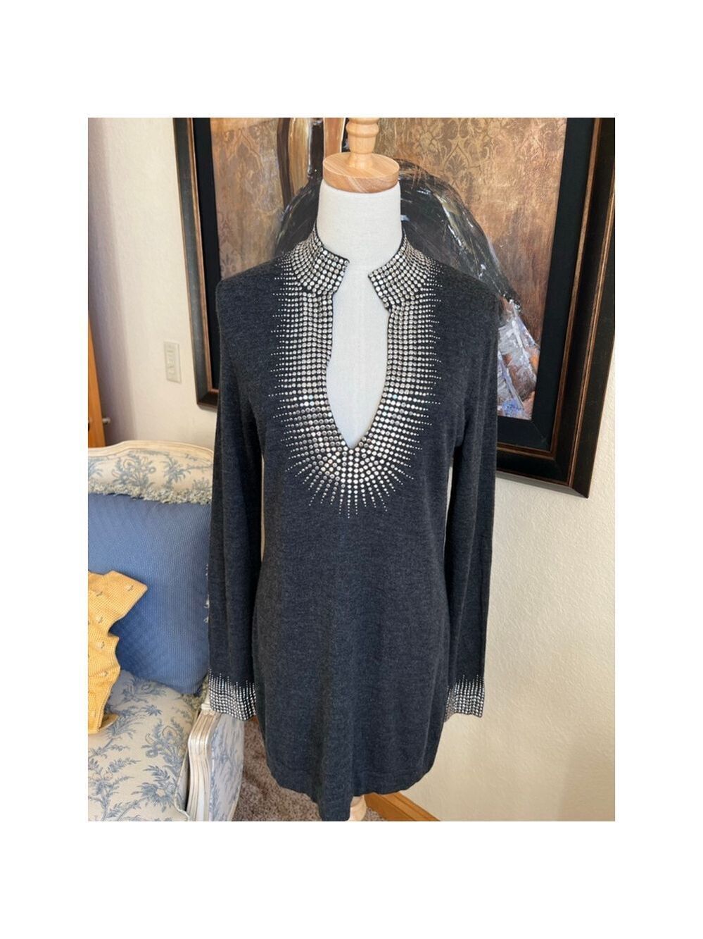 NWOT Tory Burch V-Neck Sweater L Gray with Silver Studs merino wool